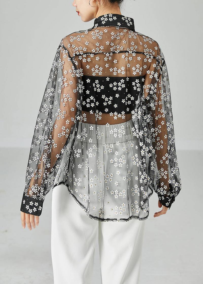 Black Oversized Daisy Tulle Shirts Summer