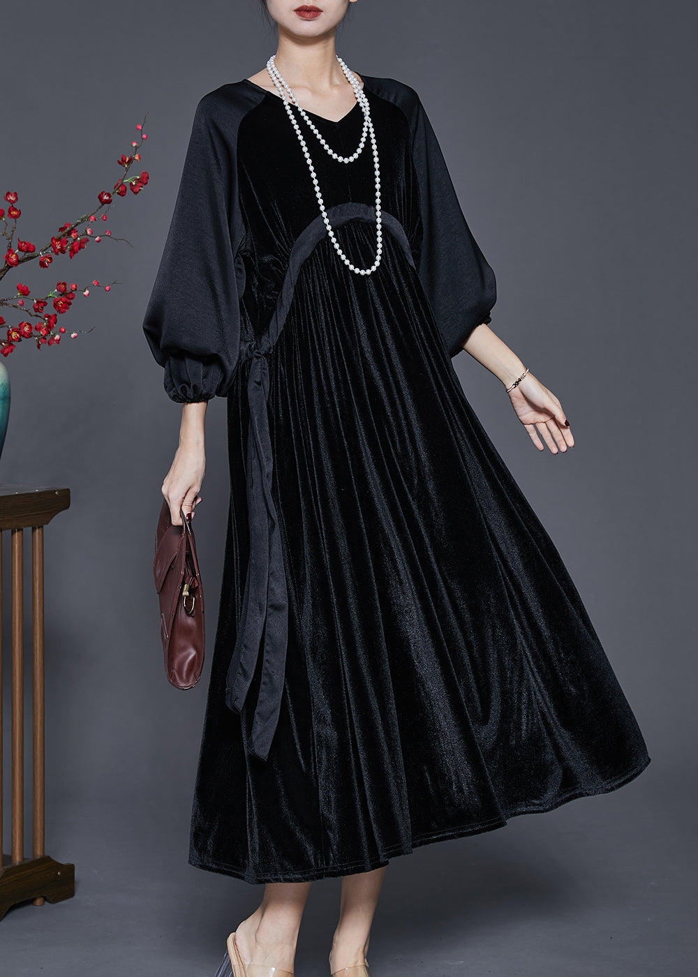 Black Oversized Patchwork Drawstring Silk Velvet Dress Spring