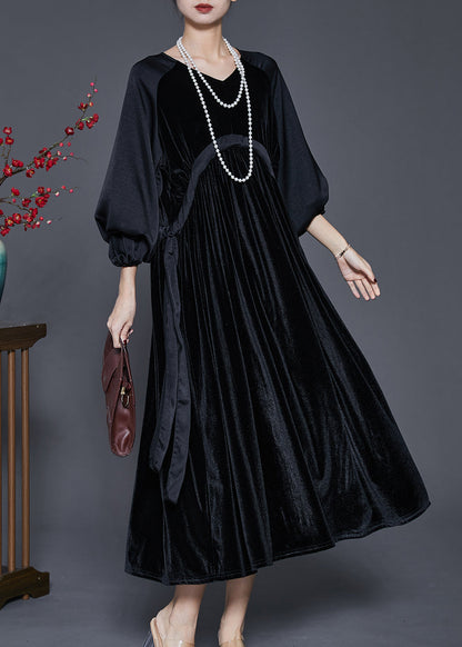 Black Oversized Patchwork Drawstring Silk Velvet Dress Spring