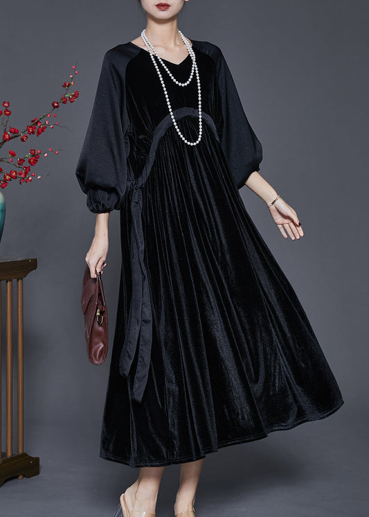 Black Oversized Patchwork Drawstring Silk Velvet Dress Spring