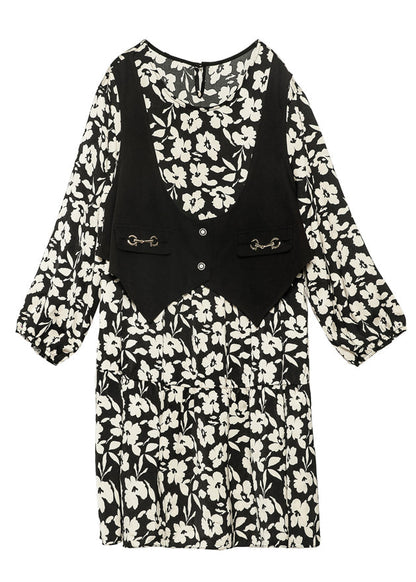 Black Oversized Patchwork Fake Two Piece Dress Spring