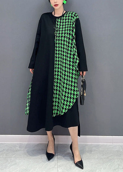 Black Oversized Patchwork Plaid a Line Dress Spring