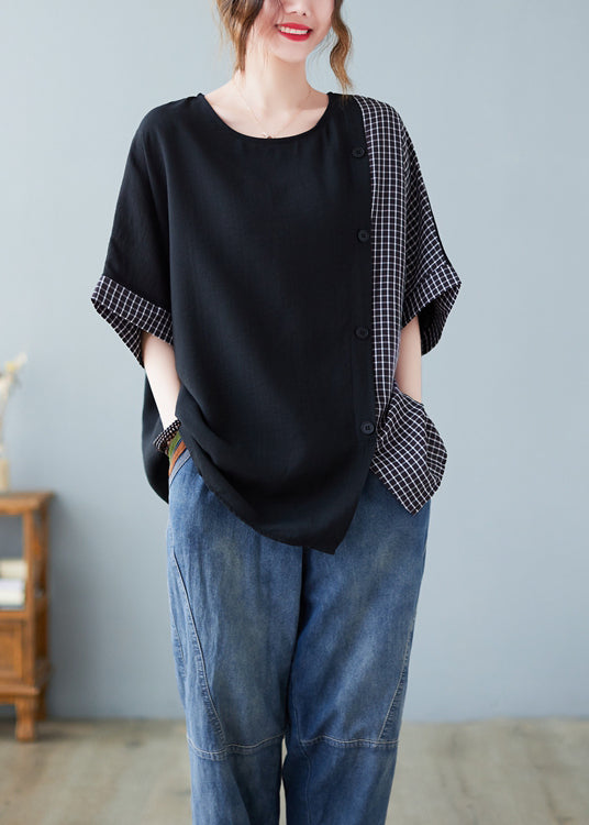 Black Oversized Patchwork Plaid Side Open Cotton Tops Summer