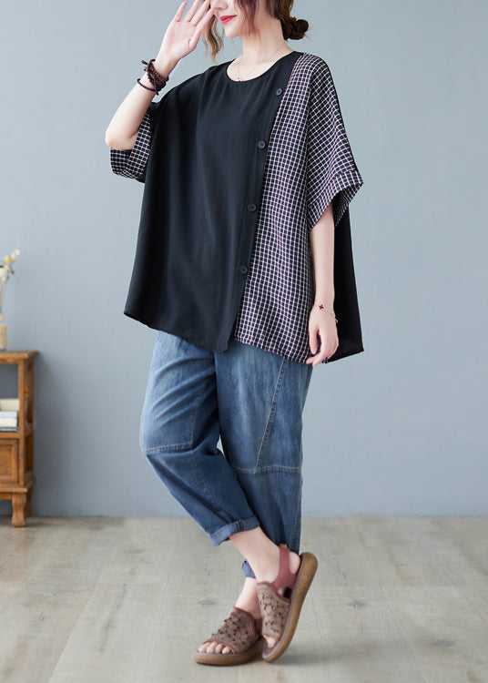 Black Oversized Patchwork Plaid Side Open Cotton Tops Summer