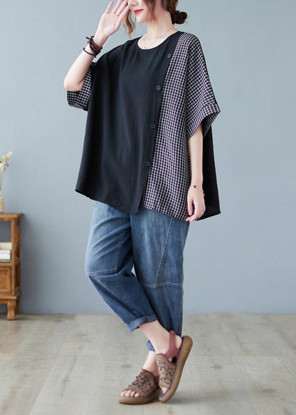 Black Oversized Patchwork Plaid Side Open Cotton Tops Summer