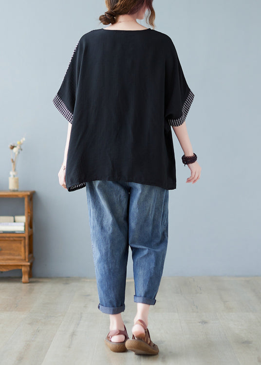 Black Oversized Patchwork Plaid Side Open Cotton Tops Summer