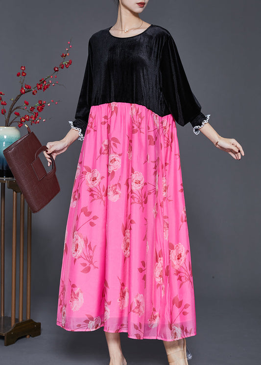 Black Oversized Patchwork Silk Velvet Long Dresses Spring