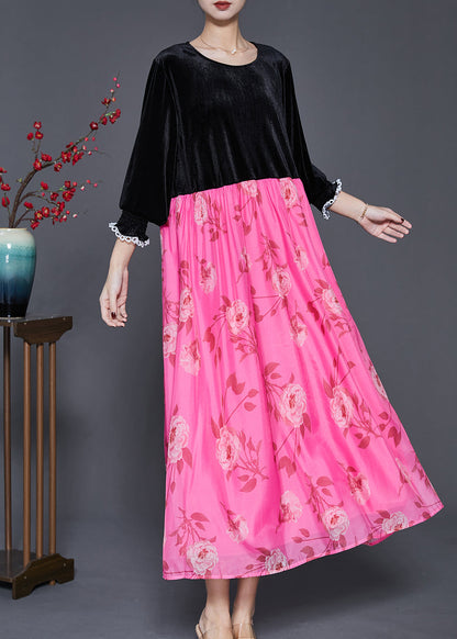 Black Oversized Patchwork Silk Velvet Long Dresses Spring