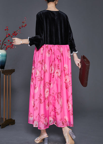 Black Oversized Patchwork Silk Velvet Long Dresses Spring