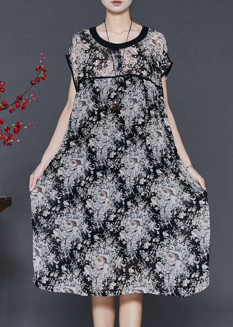 Black Oversized Print Chiffon Maxi Dress Summer