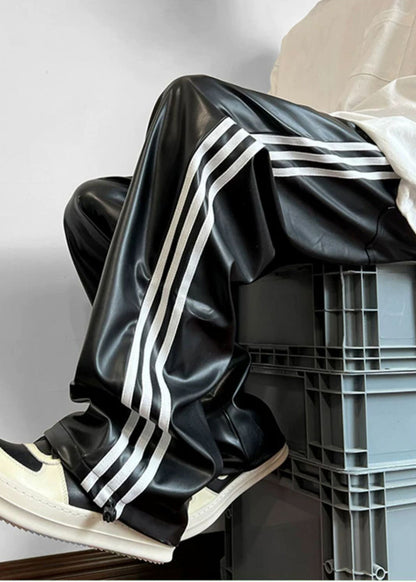 Black Oversized Striped Faux Leather Pants Apparel Spring