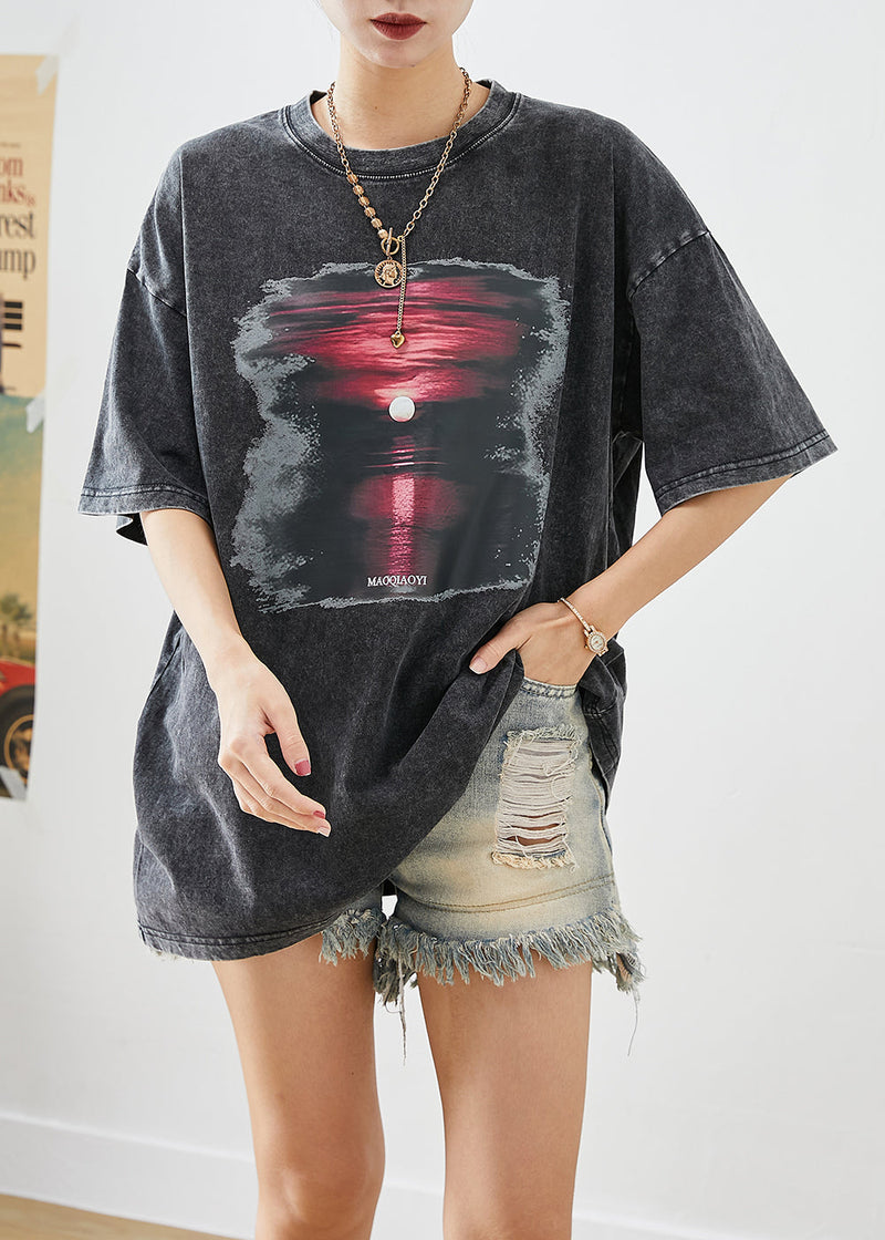 Black Oversized Sunset Print Cotton Tank Tops Summer