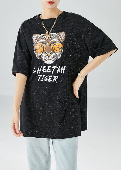 Black Oversized Tiger Print Side Open Cotton Tank Tops Summer