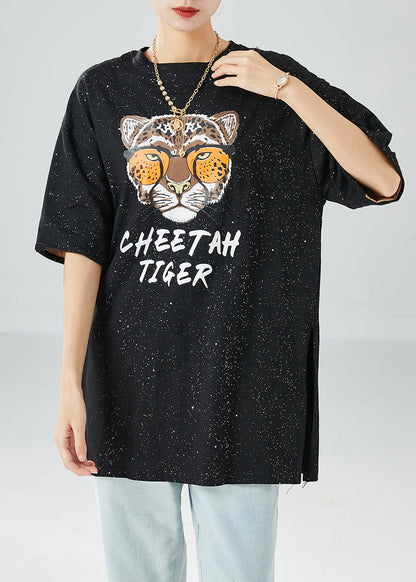 Black Oversized Tiger Print Side Open Cotton Tank Tops Summer