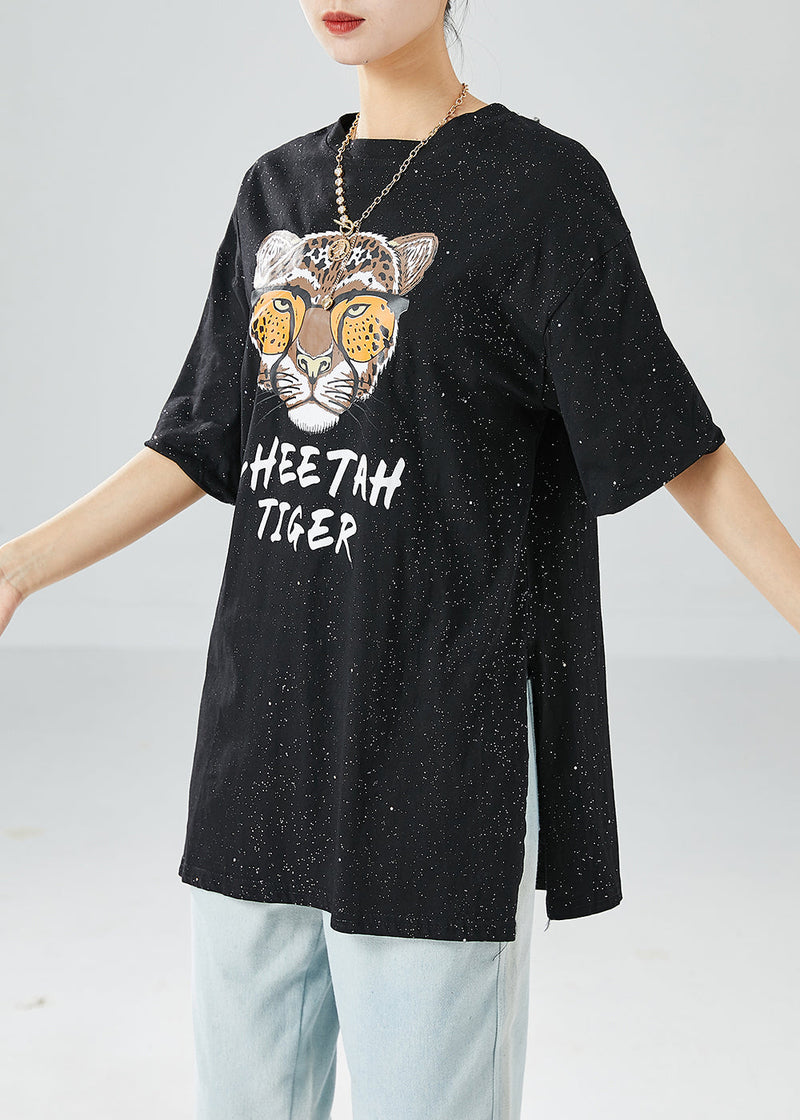 Black Oversized Tiger Print Side Open Cotton Tank Tops Summer