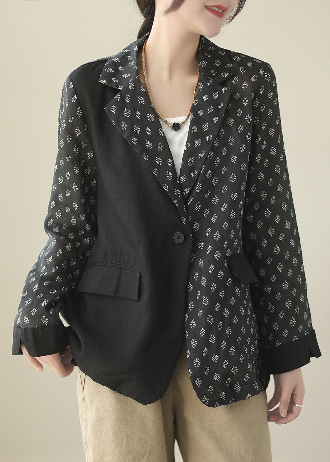 Black Patchwork Button Ramie Coat Spring