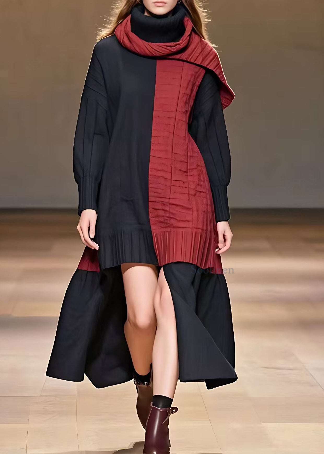 Black Patchwork Red Low High Design Maxi Dresses Fall