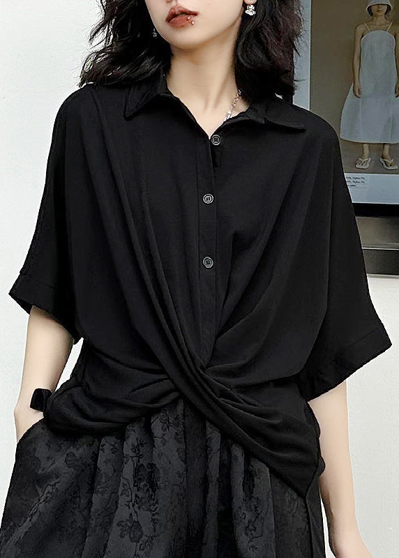 Black Peter Pan Collar Asymmetrical Patchwork Cotton Shirt Top Summer