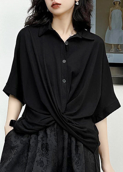 Black Peter Pan Collar Asymmetrical Patchwork Cotton Shirt Top Summer