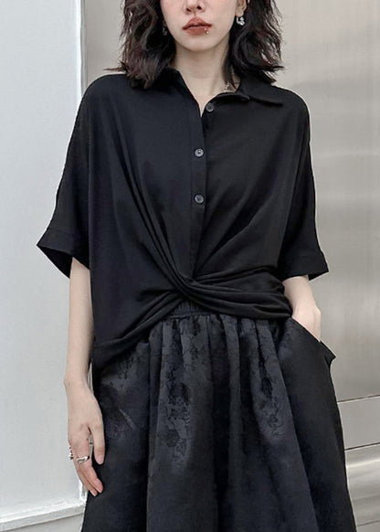 Black Peter Pan Collar Asymmetrical Patchwork Cotton Shirt Top Summer