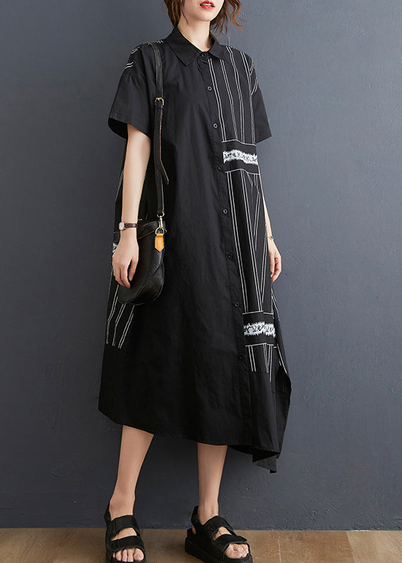 Black Peter Pan Collar Button Asymmetrical Side Open Dress Short Sleeve