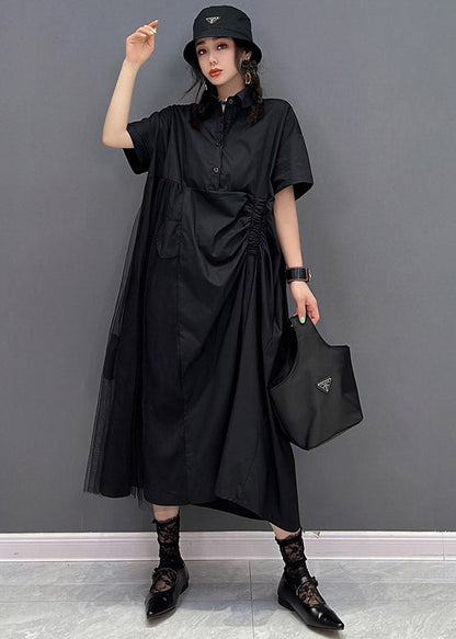Black Peter Pan Collar Cinched Button Tulle Patchwork Maxi Dresses Short Sleeve