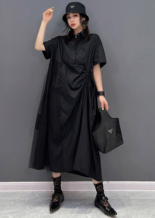 Black Peter Pan Collar Cinched Button Tulle Patchwork Maxi Dresses Short Sleeve