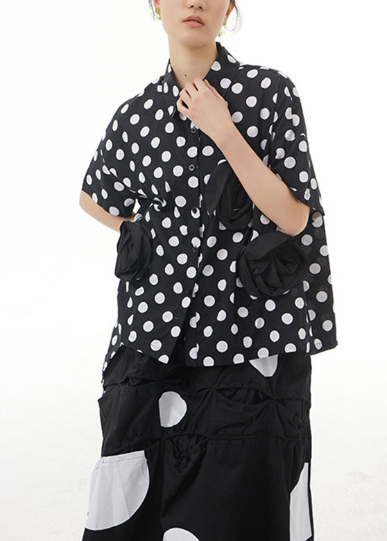 Black Peter Pan Collar Dot Cotton Shirt Summer