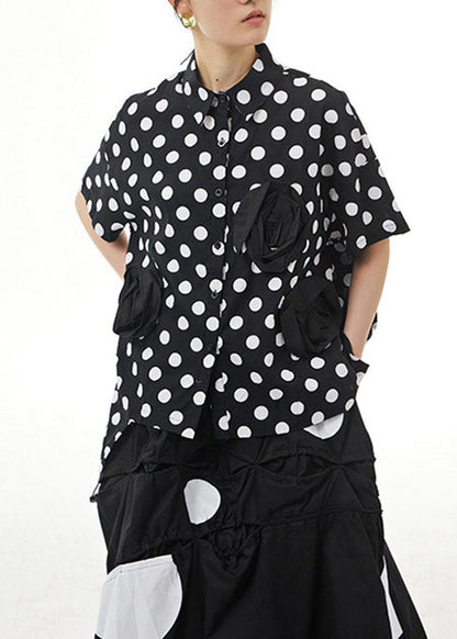 Black Peter Pan Collar Dot Cotton Shirt Summer