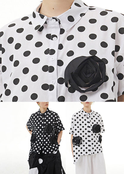 Black Peter Pan Collar Dot Cotton Shirt Summer