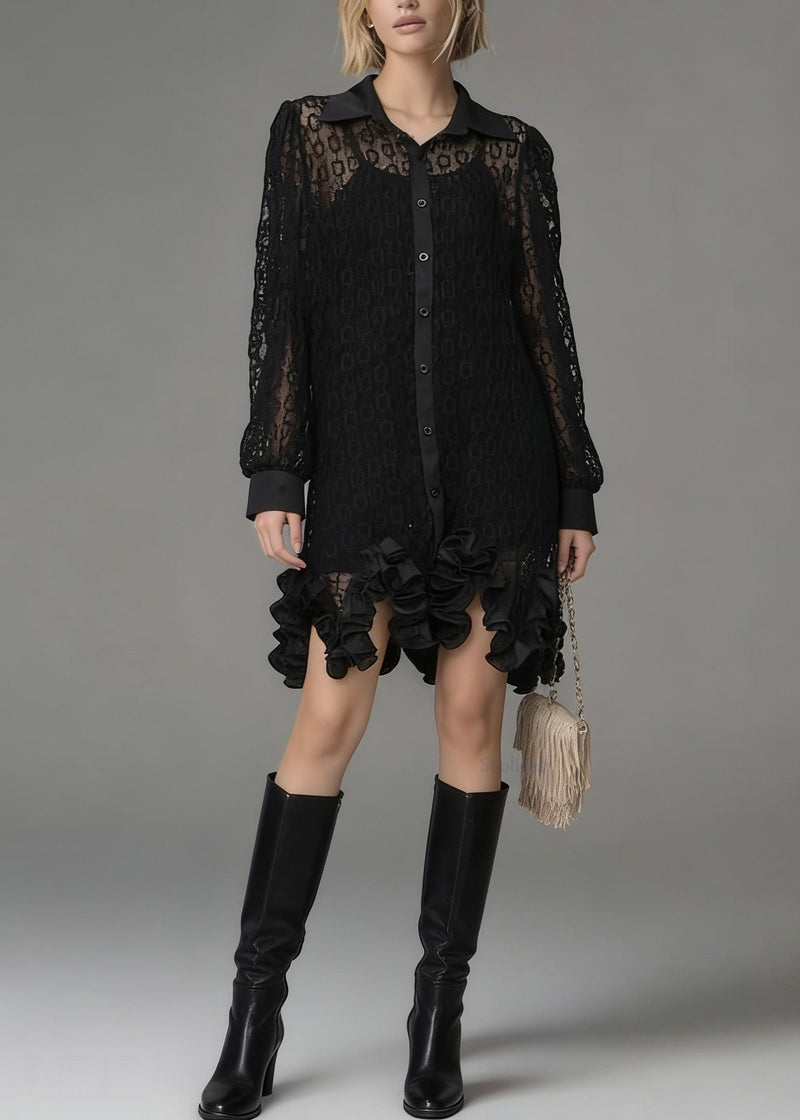 Black Peter Pan Collar Hollow Out Lace Shirt Tops Spring