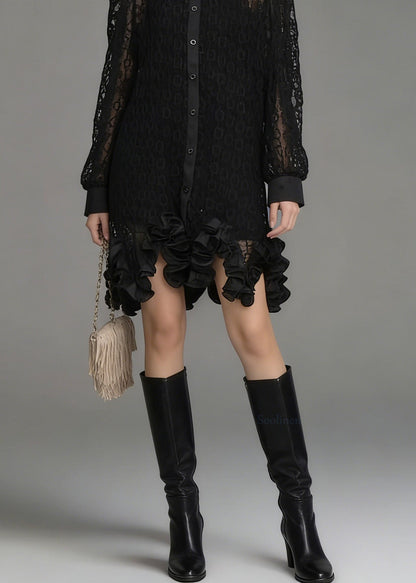 Chic Black Peter Pan Collar Hollow Out Floral Lace Shirt Tops Spring