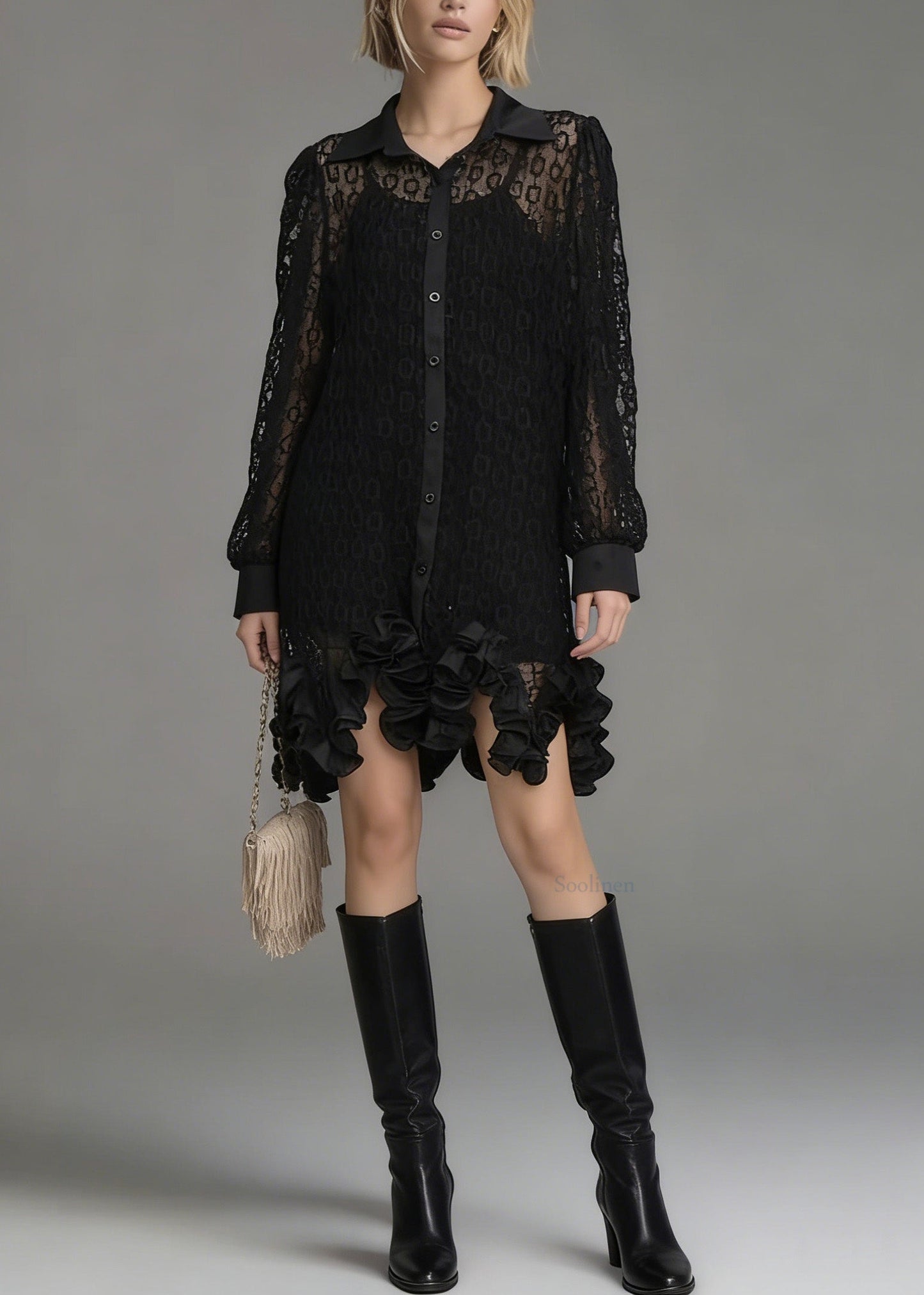 Chic Black Peter Pan Collar Hollow Out Floral Lace Shirt Tops Spring