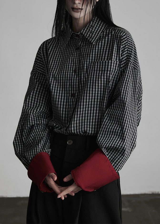 Black Peter Pan Collar Plaid Button Cotton Shirts Spring