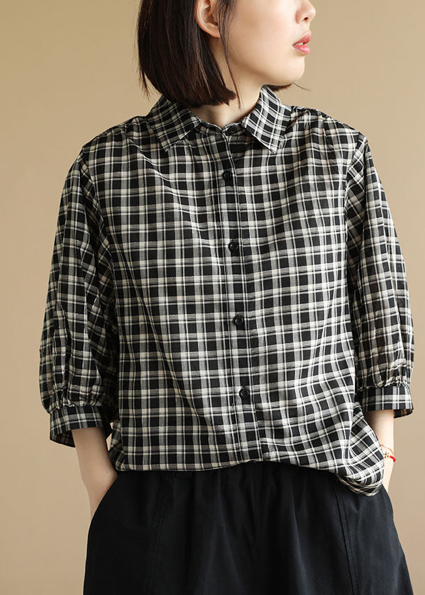 Black Peter Pan Collar Plaid Cotton Shirt Top Bracelet Sleeve
