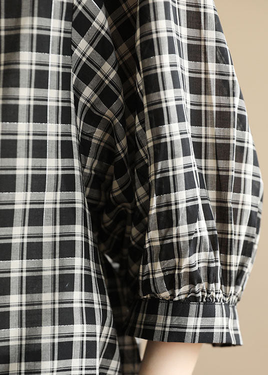 Black Peter Pan Collar Plaid Cotton Shirt Top Bracelet Sleeve
