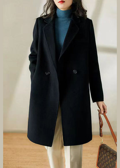 Black Peter Pan Collar Pockets Patchwork Woolen Trench Winter