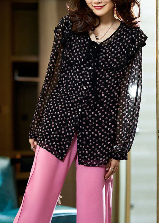 Black Peter Pan Collar Print Patchwork Chiffon Blouse Tops Spring