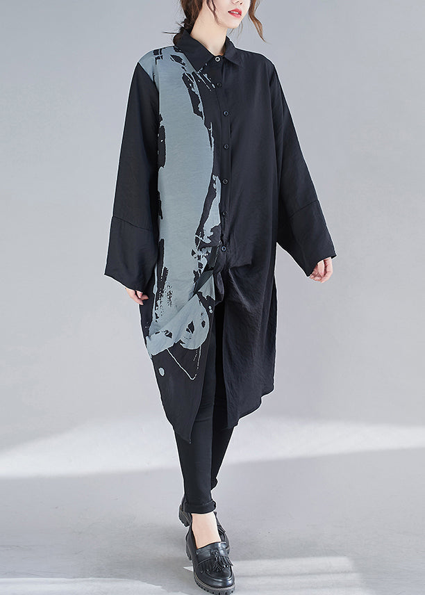 Black Peter Pan Collar Print Patchwork Cotton Shirts Dresses Fall