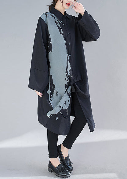 Black Peter Pan Collar Print Patchwork Cotton Shirts Dresses Fall