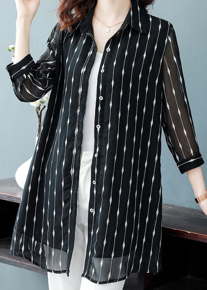 Black Peter Pan Collar Striped Patchwork Silk Shirt Bracelet Sleeve