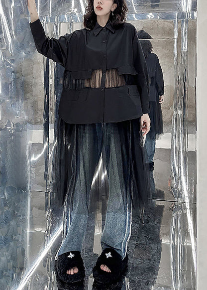 Black Peter Pan Collar Tulle Patchwork Shirts Dress Fall
