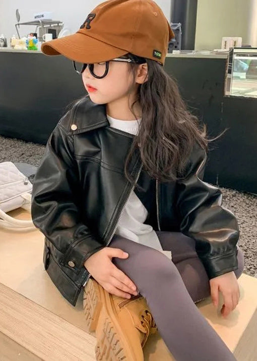 Black Peter Pan Collar Zip Up Faux Leather Coats Fall