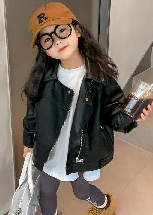 Black Peter Pan Collar Zip Up Faux Leather Coats Fall