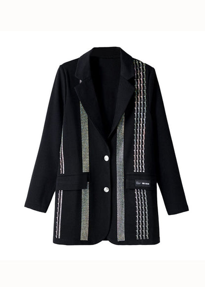 Black Peter Pan Collar Zircon Patchwork Cotton Coat Fall