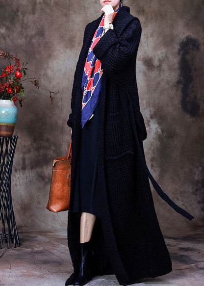 Black Peterpan Collar Tie Waist Woolen Cardigans Winter