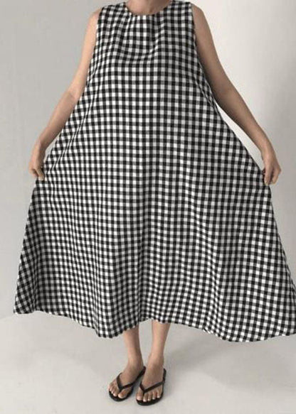 Black Plaid O Neck Patchwork Cotton Dress Sleeveless