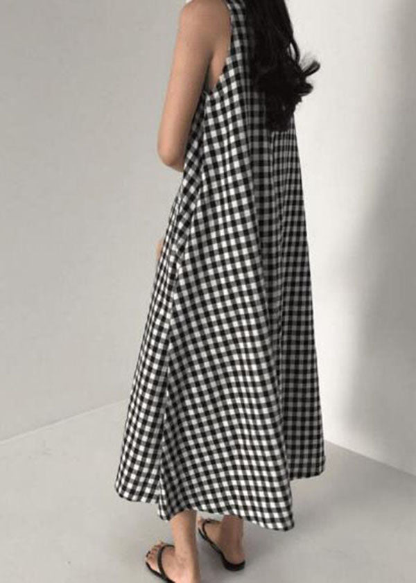 Black Plaid O Neck Patchwork Cotton Dress Sleeveless