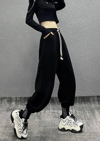 Black Pockets Drawstring Warm Fleece Sport Beam Pants Winter