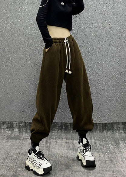 Black Pockets Drawstring Warm Fleece Sport Beam Pants Winter
